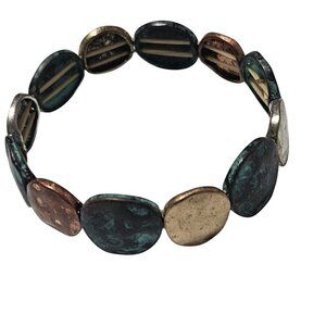 Vintage Multicolor Patina Stretch Bracelet Metal Oval Disc Design Jewelry Women